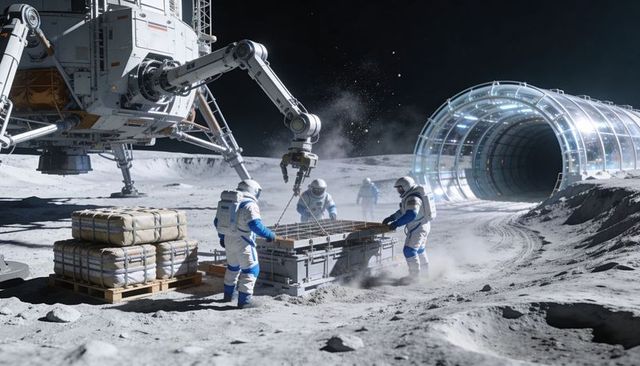 Lunar Base Cargo Operation with Astronauts and Robotic Arm Near Inflatable Habitat
