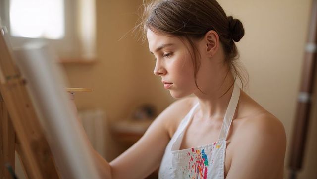 Young woman painting on canvas in sunlit studio, focused artist capturing calm creativity