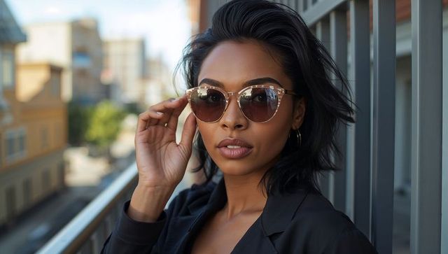 Standing woman wearing cat-eye sunglasses and dark blazer, posing on urban balcony