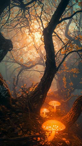 Fog thickening with glowing mushrooms pulsing among twisted roots in enchanted forest