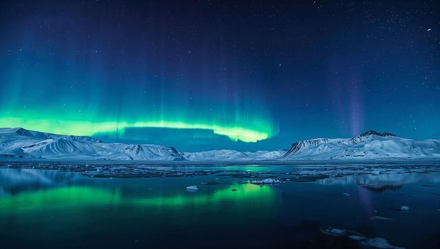Aurora borealis over calm arctic waters with snowy mountains