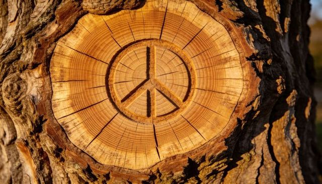 Tree trunk featuring carved peace symbol and radiating growth rings