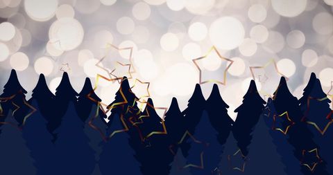 Silhouette of pine trees under a starlit sky, enhanced by falling stars for a festive Christmas feel. Useful for holiday greetings, seasonal decorations, or winter celebration themes.