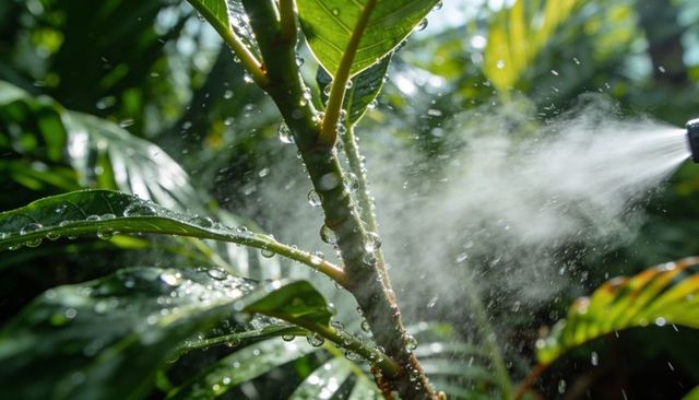 Backlit mist spraying tropical plant leaves with water droplets and spray nozzle close-up