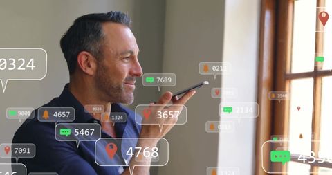 Businessman Using Smartphone Amid Digital Social Media Icons