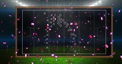 Confetti Falling Over Soccer Field Strategy Chalkboard in Stadium - Download Free Stock Images Pikwizard.com