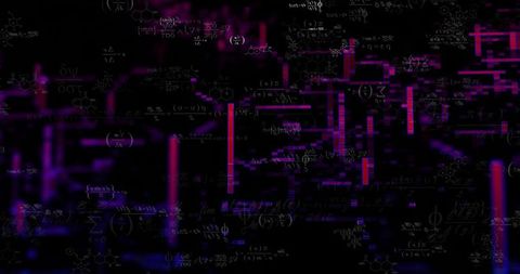 Centered holographic data panel with neon glitch bars and math equations in dark field