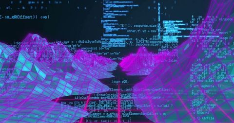 Neon wireframe cyber landscape with scrolling code, holographic grid and futuristic mesh