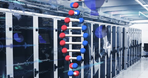 Digital Data Processing Overlay on a Server Room Animation