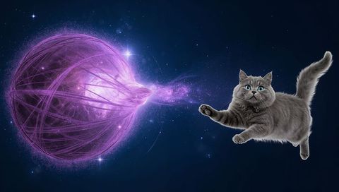 Pouncing gray cat reaching for glowing purple energy orb in starfield with trailing nebula