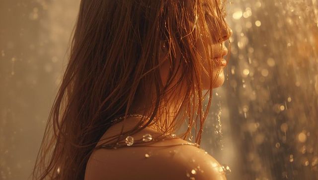 Ethereal Woman with Wet Hair Under Sunlit Shower Cascade