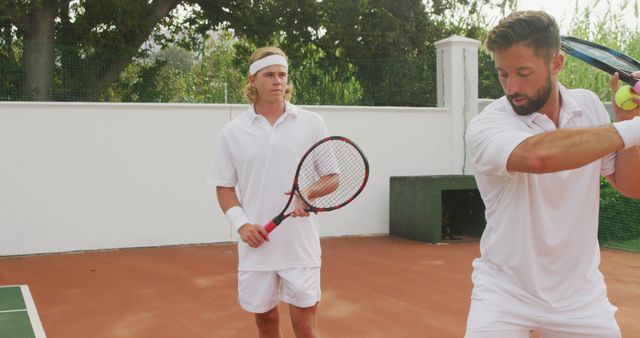 Caucasian male tennis players showing technique and watching on outdoor court, unaltered. Sport, competition, coaching, learning, hobbies and leisure activities.