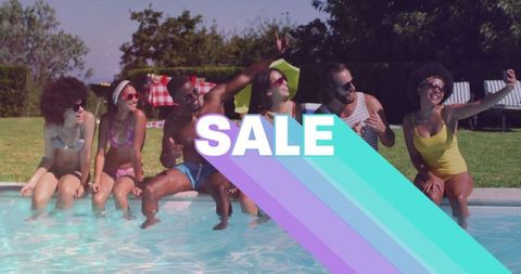 Friends Relaxing by Pool in Summer with Sale Highlight