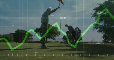 Golfers adjust ball on green with data analytics overlay