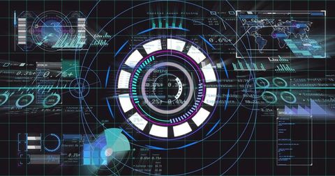 Futuristic hud dashboard featuring concentric rotating data rings, grid analytics interface