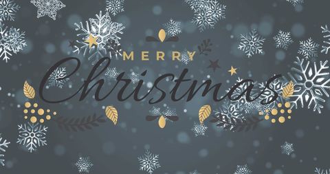 Festive Merry Christmas Greeting with Falling Snowflakes on Grey Background