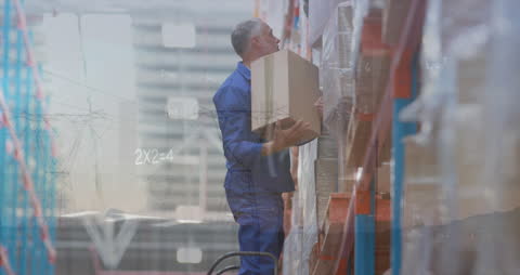 Warehouse Worker Managing Logistics with Futuristic Graphs