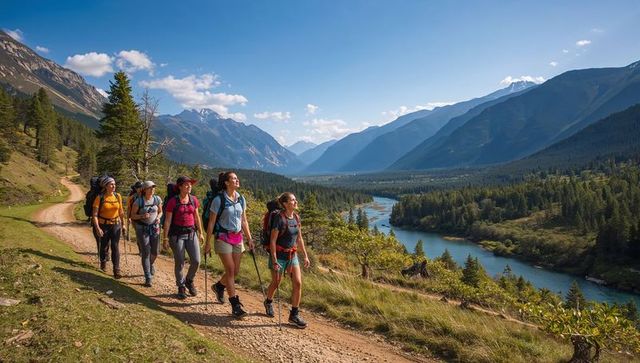 Five women hiking alpine trail above winding river in mountain valley, outdoor adventure