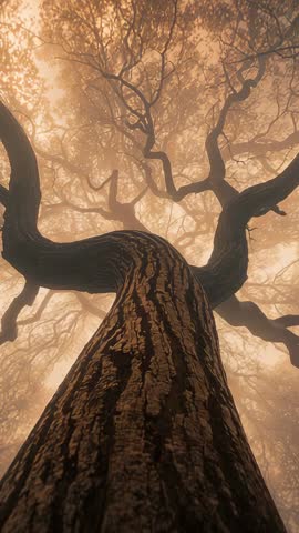 Vertical video panning up ancient tree trunk through golden mist revealing twisting limbs
