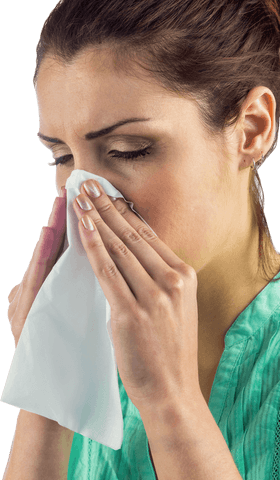 Woman holding tissue sneezing transparent background