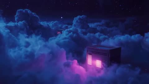 Futuristic Tech Box Hovering Over Neon Clouds in Night Sky