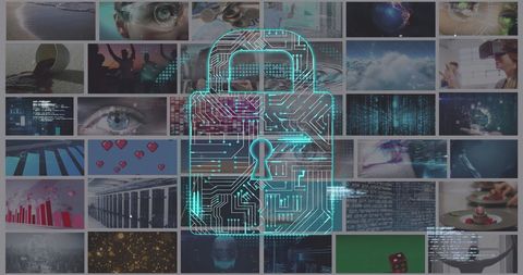 Glowing padlock highlighting data security on multi-clip screens