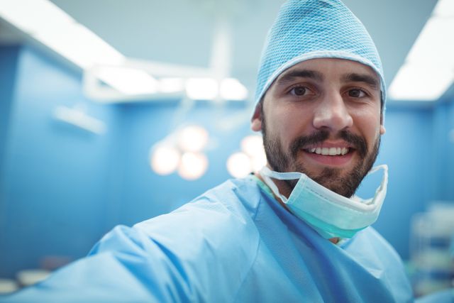 Portrait of male surgeon smiling in operation theater at hospital