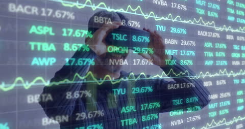 Man Using VR Headset with Financial Data Overlay Display