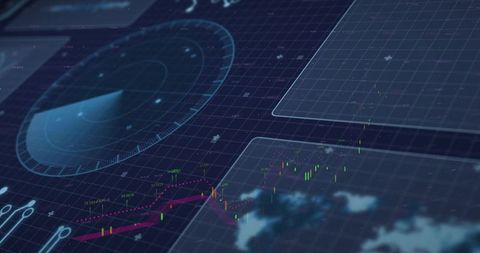 Futuristic HUD dashboard with rotating radar dial, candlestick chart and neon analytics grid