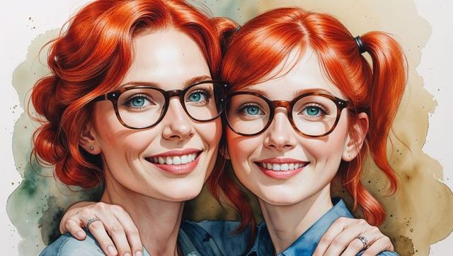 Red-haired mother and daughter smiling in blue shirts and glasses