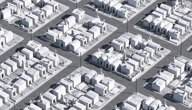 Surveying drone capturing grid of white mausoleums and crosses in urban cemetery