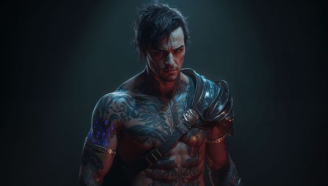 Ai-generated warrior with complex tattoos and battle-ready armor