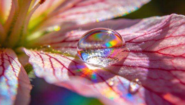 Macro water droplet refracting rainbow light on pink flower petal with red veins, shimmer and bokeh