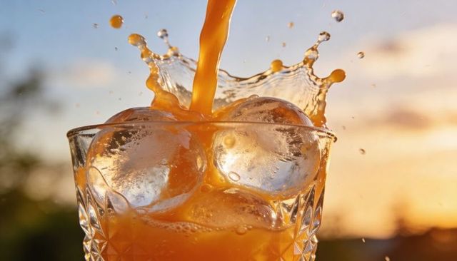 Golden-hour orange juice pouring into cut-glass tumbler with three ice spheres splash