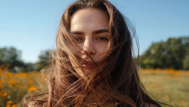 Serene Portrait of Woman in Wildflower Meadow with Hair Blowing in Wind