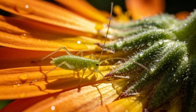 Perching green katydid nymph probing sunlit orange daisy petal with dewy hairy calyx
