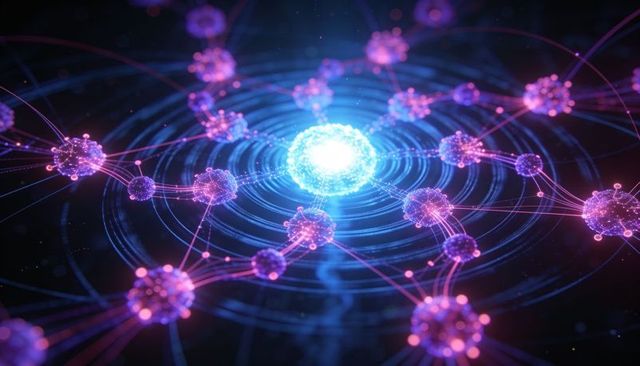Glowing core radiating ripple rings with neon node network, abstract digital connectivity