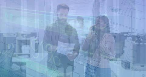 Diverse Team in Office with Digital Data Overlay