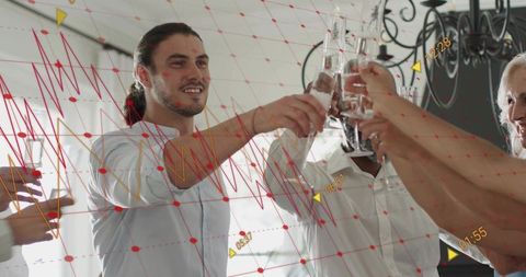 Colleagues toasting champagne with data overlay, celebrating team success in modern office