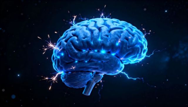 Pulsing neon brain emitting electric arcs and glowing synapse nodes in dark void