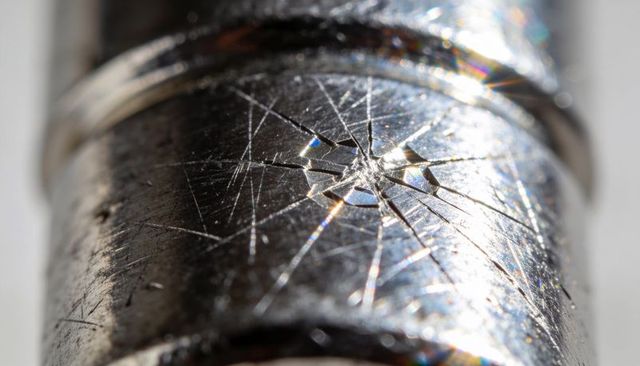 Macro cracked chrome cylinder with star-shaped fracture and scratched metal texture