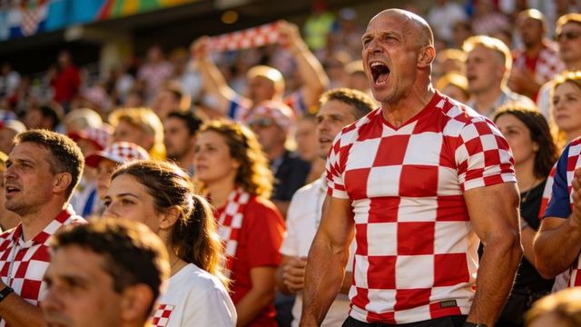 Passionate croatian fans cheering in stadium, shouting and waving scarves under sunlight