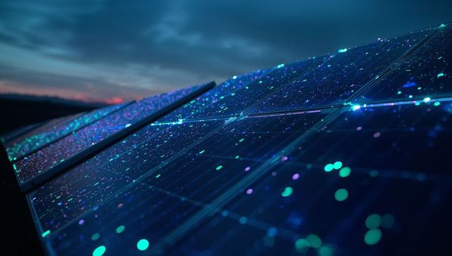 Solar Panels Reflecting Vibrant Neon Light at Dusk