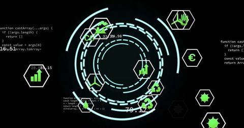 Interactive digital interface with media icons on data grid