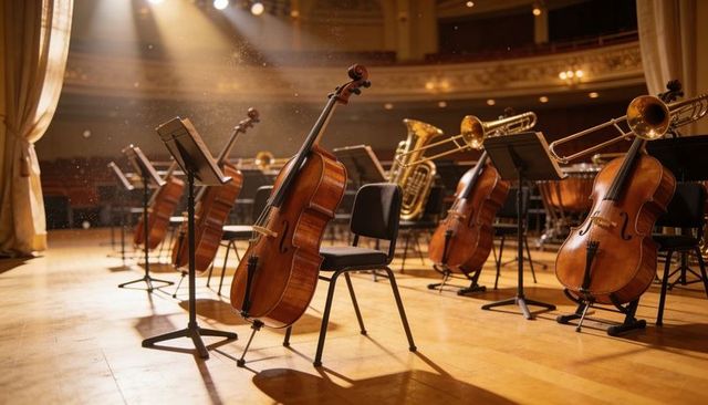 Sunlit Concert Stage with Cello Leaning on Chair, Brass Instruments Waiting in Orchestra