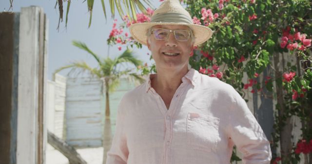 Happy Man Relaxing at Tropical Beach with Hat and Sunglasses - Download Free Stock Images Pikwizard.com