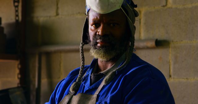 A factory worker wearing protective gear, including a blue uniform and mask, is seen in an industrial setting with an intense and focused expression. This image can be used for topics related to industrial safety, labor, machinery, and the importance of protective equipment in the workplace.