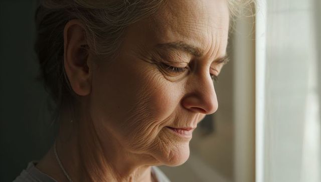 Contemplative senior woman gazing through window, serene close-up showing natural wrinkles