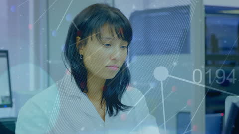 Female Scientist Analyzing Data with Digital Overlay