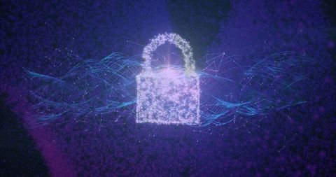 Neon digital padlock securing data streams with waveform mesh and luminous particles in cyber grid